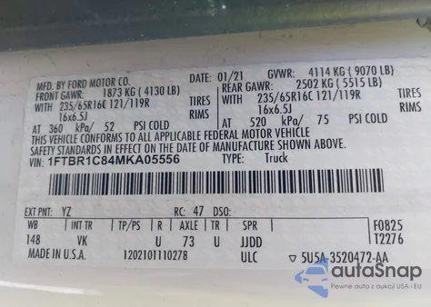 2021 Ford Transit-250 z USA, uszkodzony, nr VIN 1FTBR1C84MKA05556